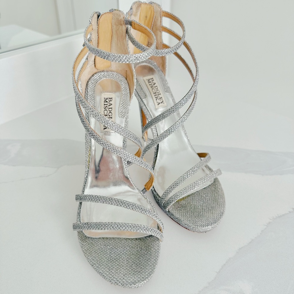 Badgley Mischka Silver Stiletto Heels with Ankle Straps